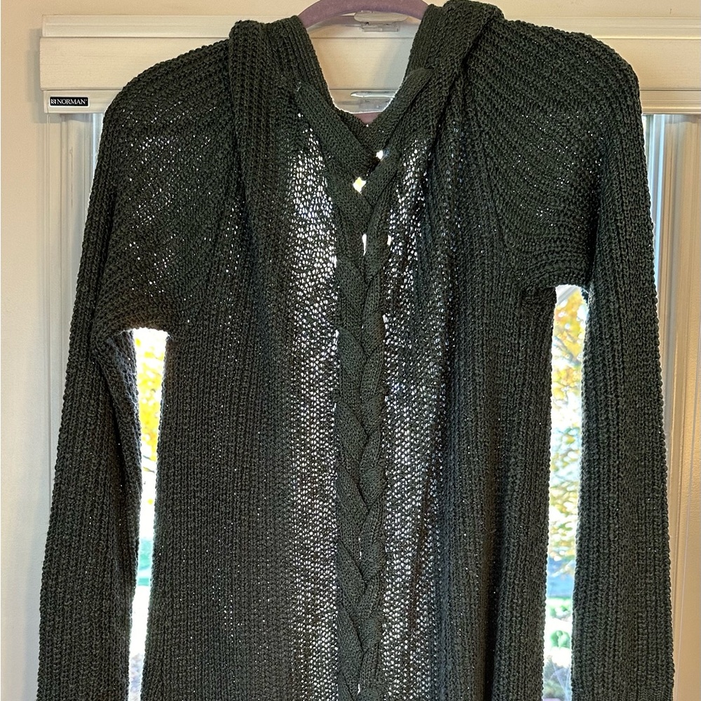 Moss green long cardigan with cross-cross detail up back